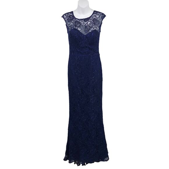 Theia Shimmering Element Gown 4 Metallic Floral Lace Cap Sleeve Crew Maxi Blue - Picture 1 of 8